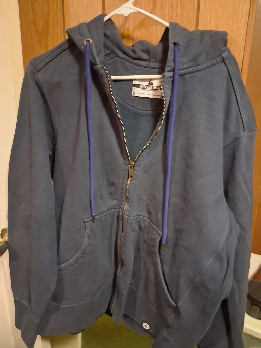 American Giant Navy Zip Hoodie with Purple Drawstrings